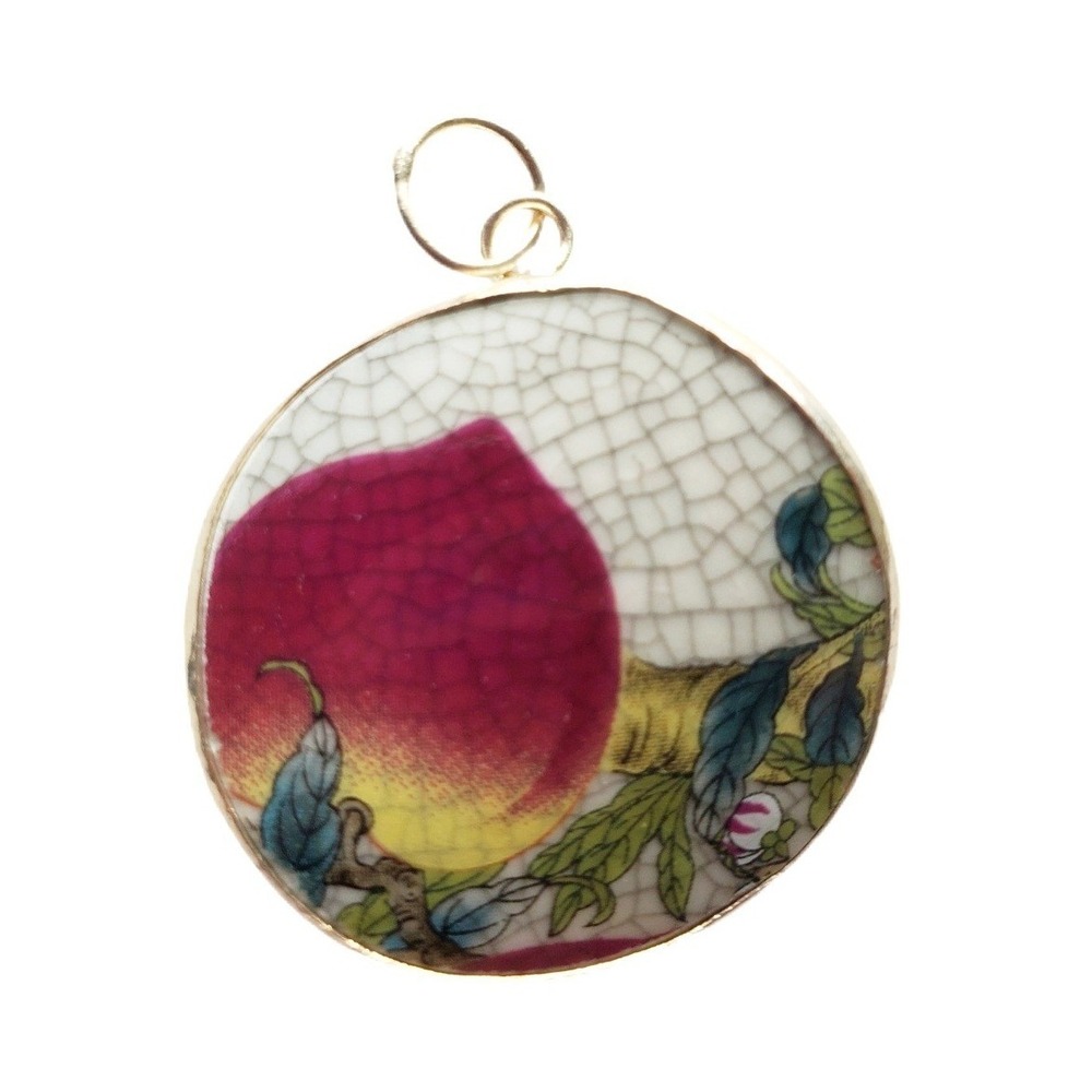 Vintage Broken China‎ Pottery Shard Pendant Porcelain Peach Fruit Floral Jewelry